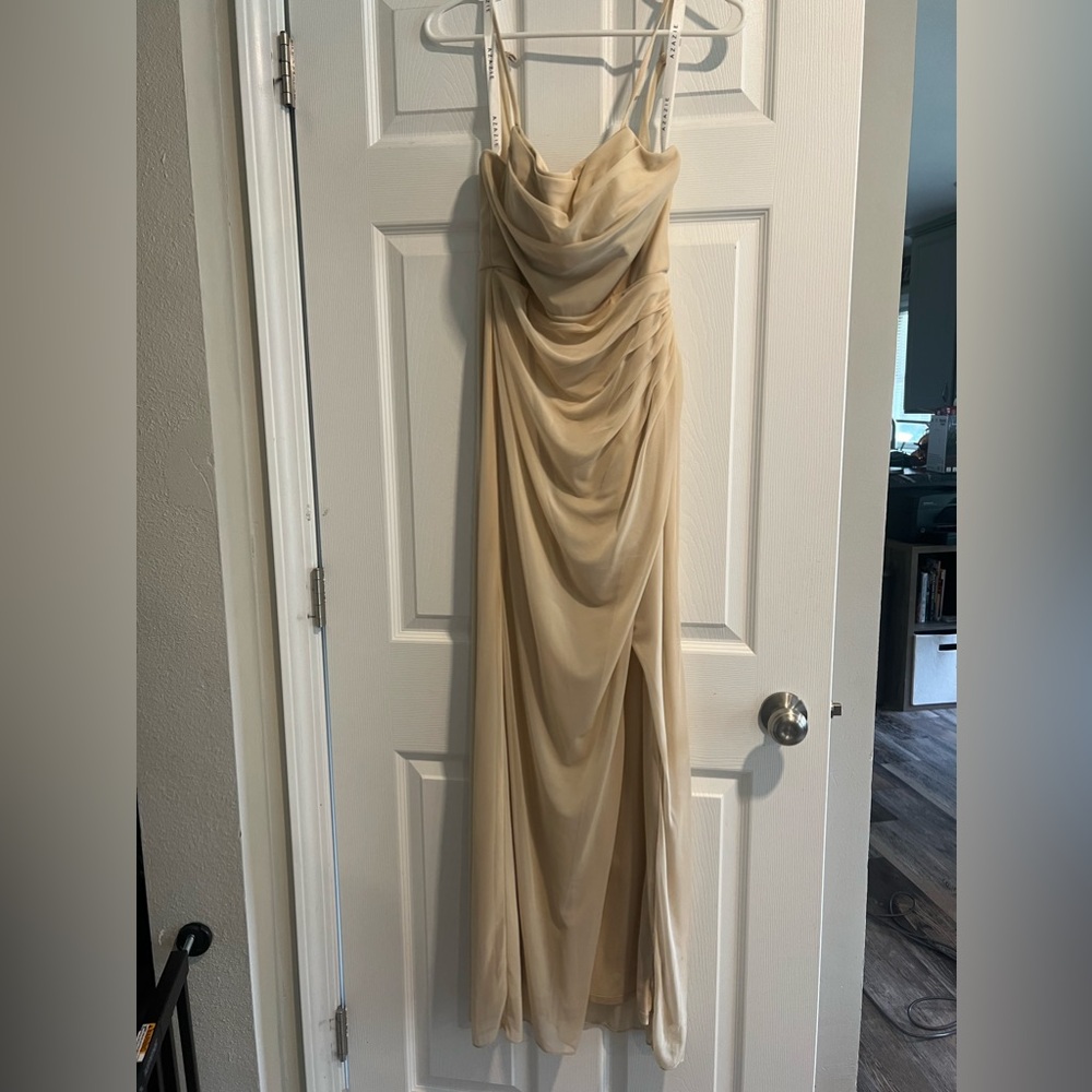 Azazie Champagne Asymmetrical Ruched Maxi Gown